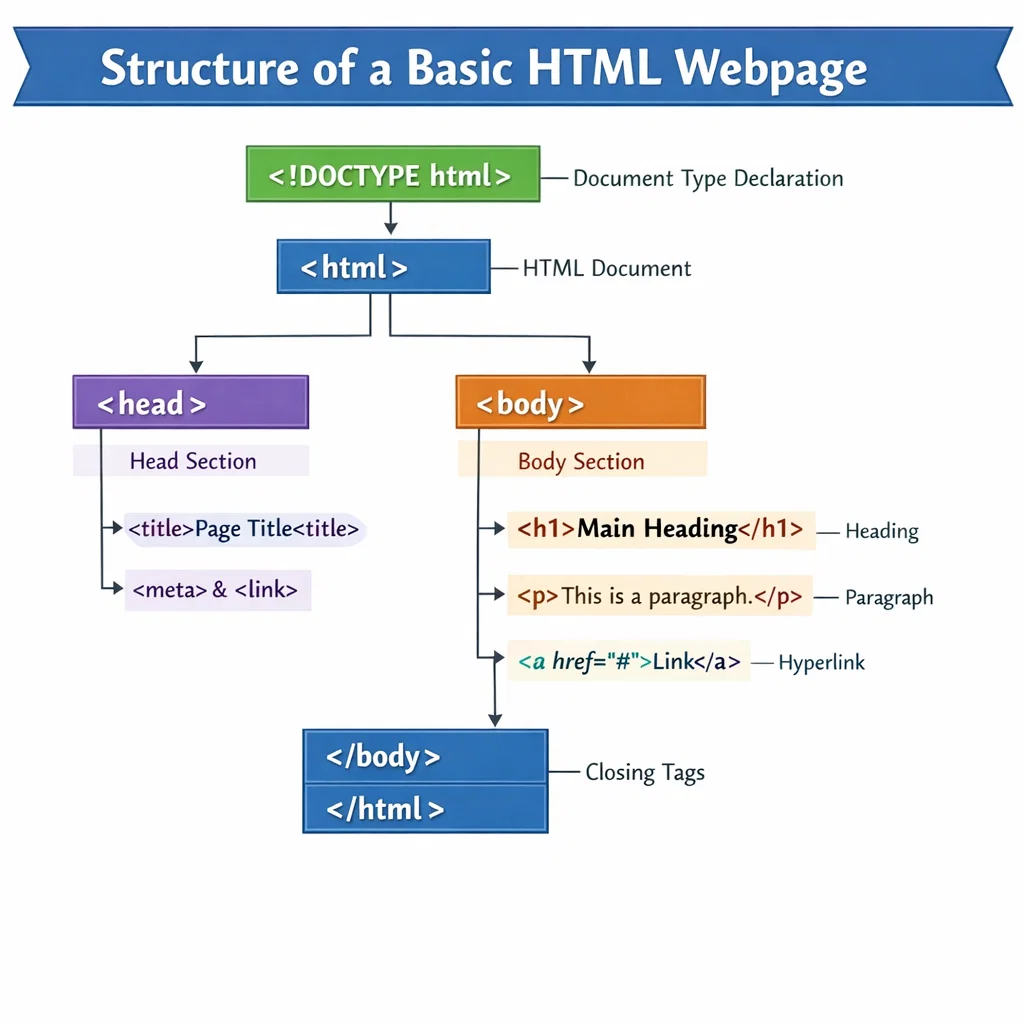 Diagram showing the basic structure of an HTML page with labeled tags.