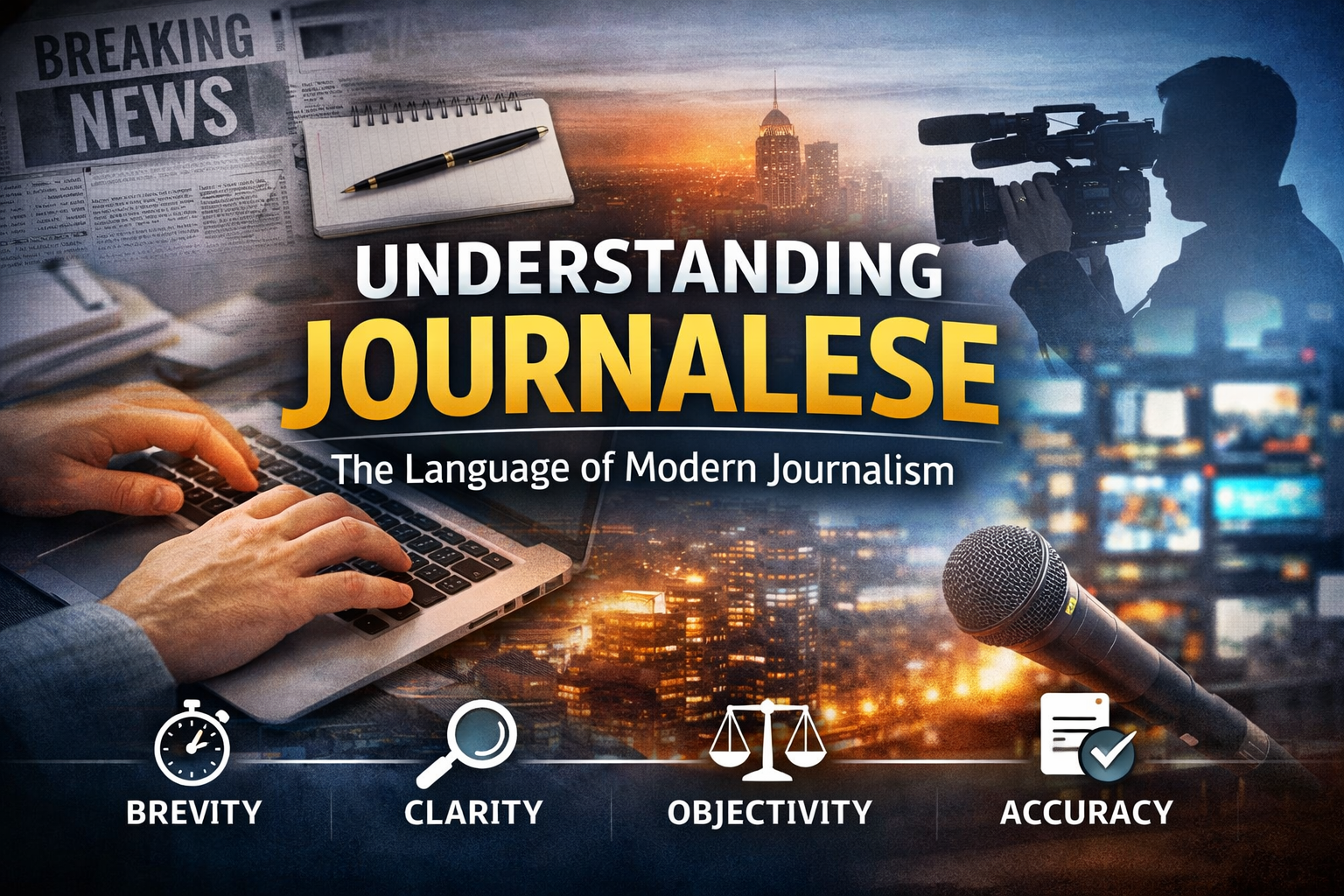 concept of journalese illustrated with a journalist writing on a laptop, media elements, and keywords like brevity, clarity, and objectivity in a modern newsroom setting