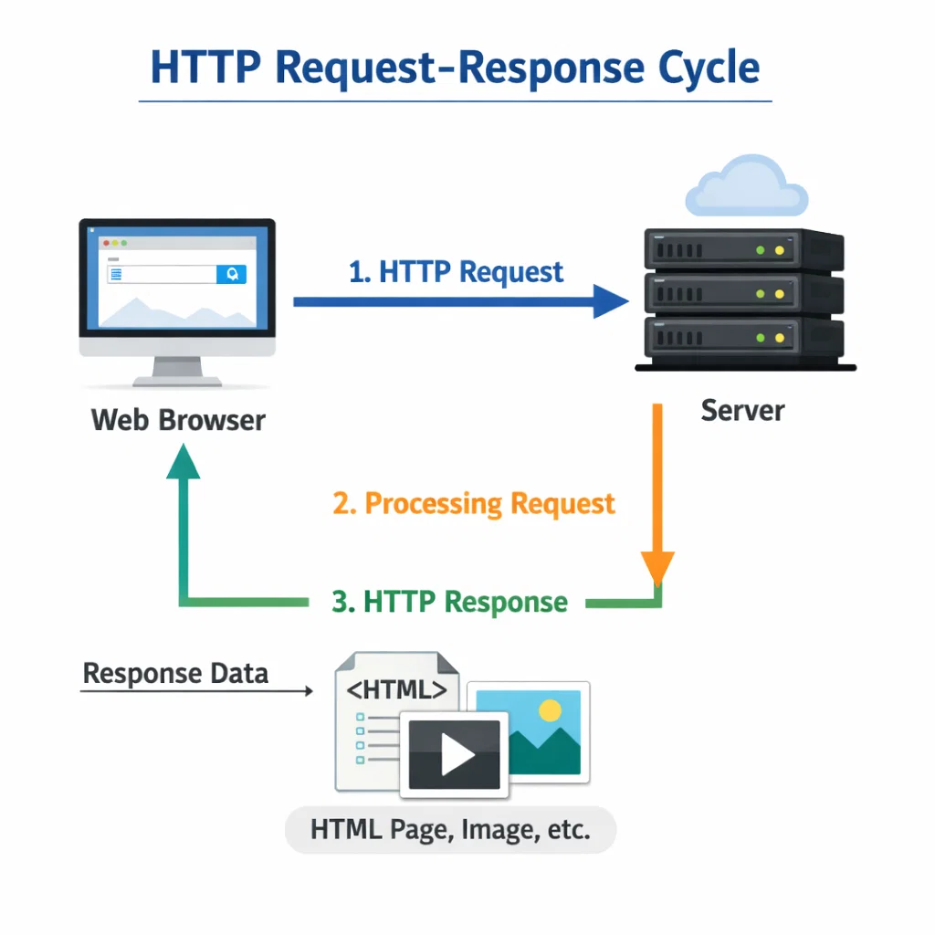 Diagram showing the HTTP request-response cycle between a client and a server.