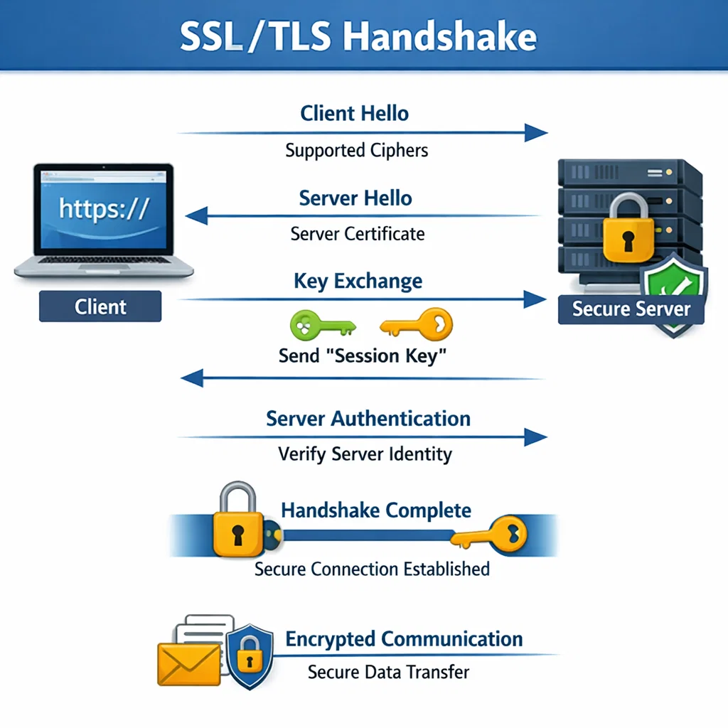 Illustration of the SSL/TLS handshake process that establishes a secure connection between a client and server using HTTPS