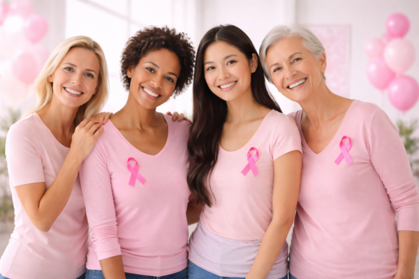 Breast health awareness with diverse women wearing pink ribbons supporting early detection and cancer prevention