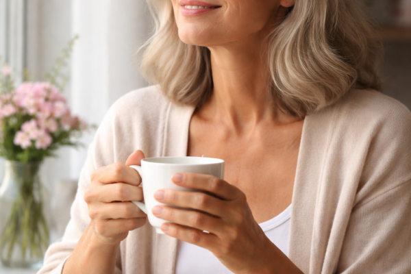 A calm, confident middle-aged woman sitting near a window with soft natural light, holding a cup of tea, symbolizing peace, transition, and self-care during menopause.