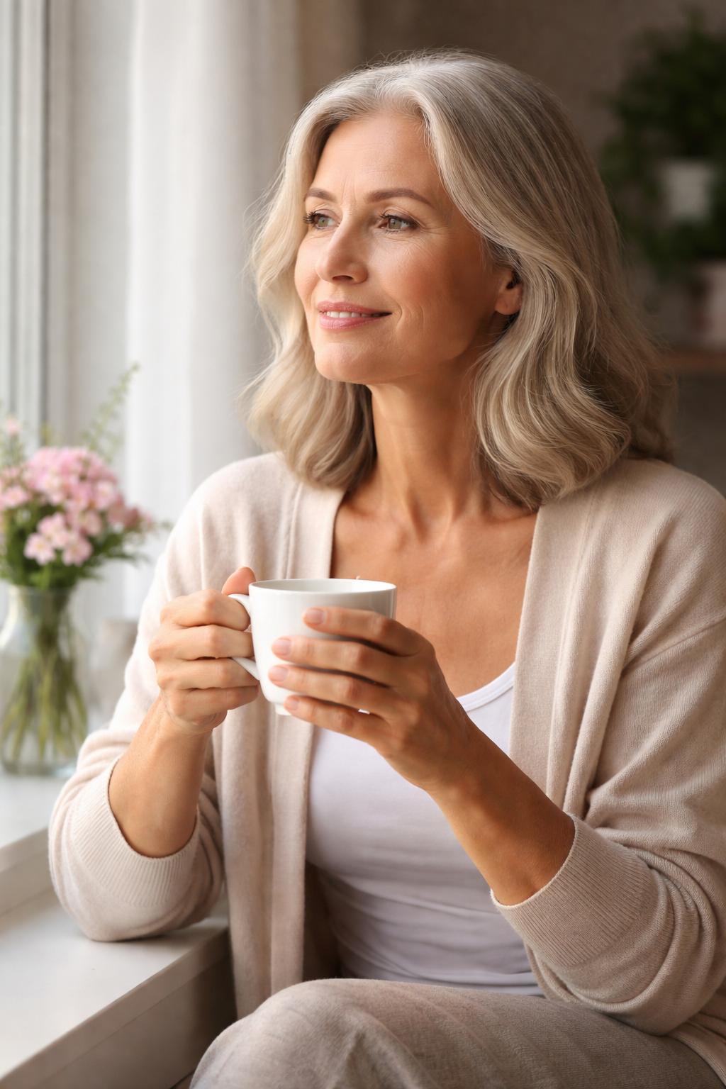 A calm, confident middle-aged woman sitting near a window with soft natural light, holding a cup of tea, symbolizing peace, transition, and self-care during menopause.