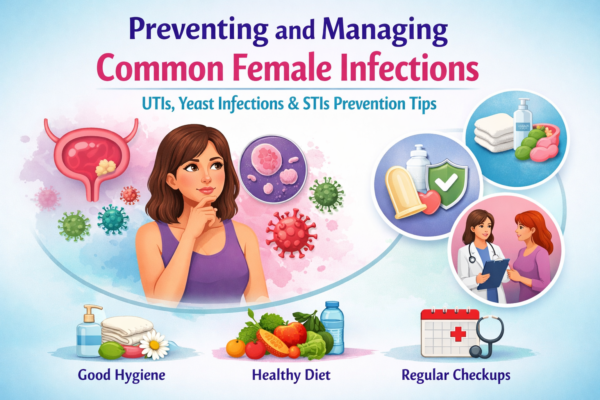 Illustration showing prevention and management of common female infections including UTIs, yeast infections, and STIs with hygiene, diet, and health tips.