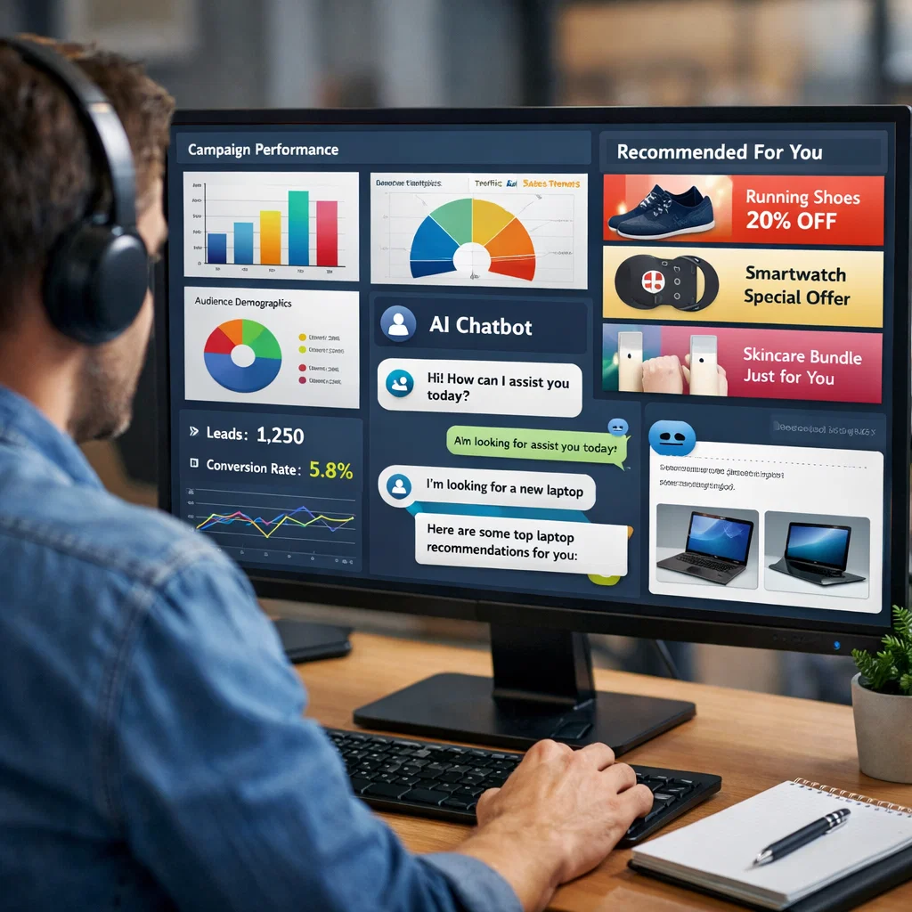 Digital marketing professional analyzing AI-driven personalized ads and chatbot data for customer engagement.