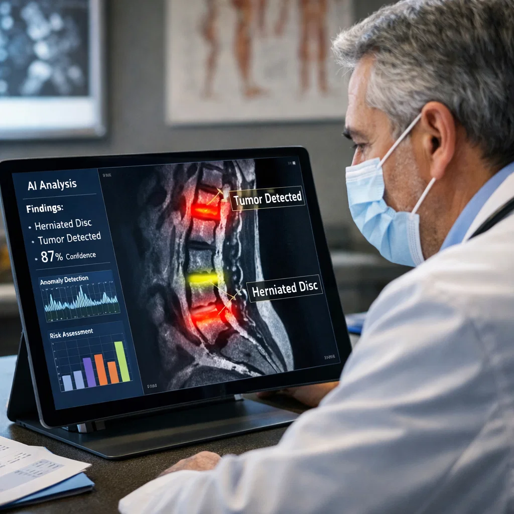 Doctor analyzing medical image with AI-powered software for accurate diagnosis.