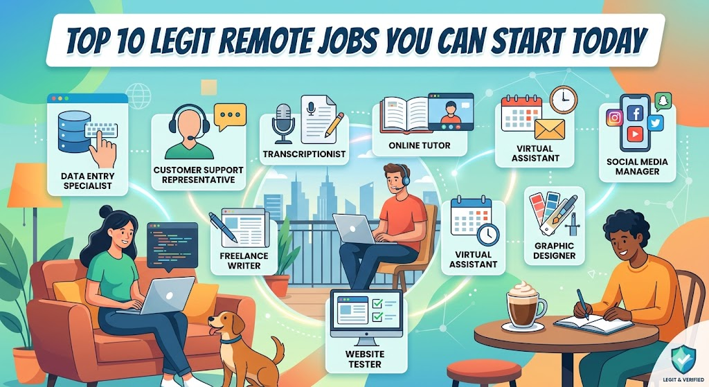 A colorful infographic illustration titled "Top 10 Legit Remote Jobs You Can Start Today." It features diverse professionals working on laptops in home and cafe settings, surrounded by icons representing roles like Data Entry, Online Tutor, and Graphic Designer.