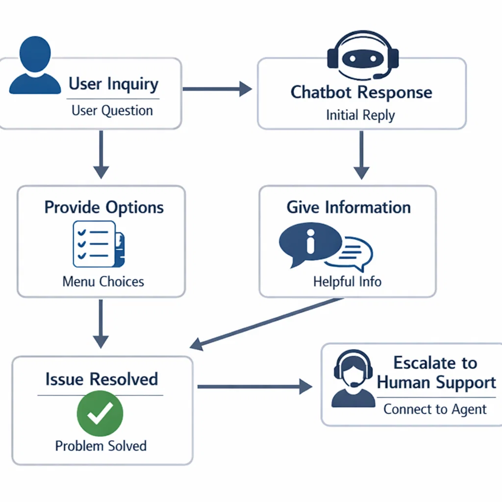 A flowchart illustrating the conversation process of a chatbot, showing stages from receiving a question to providing an answer or escalating the query.