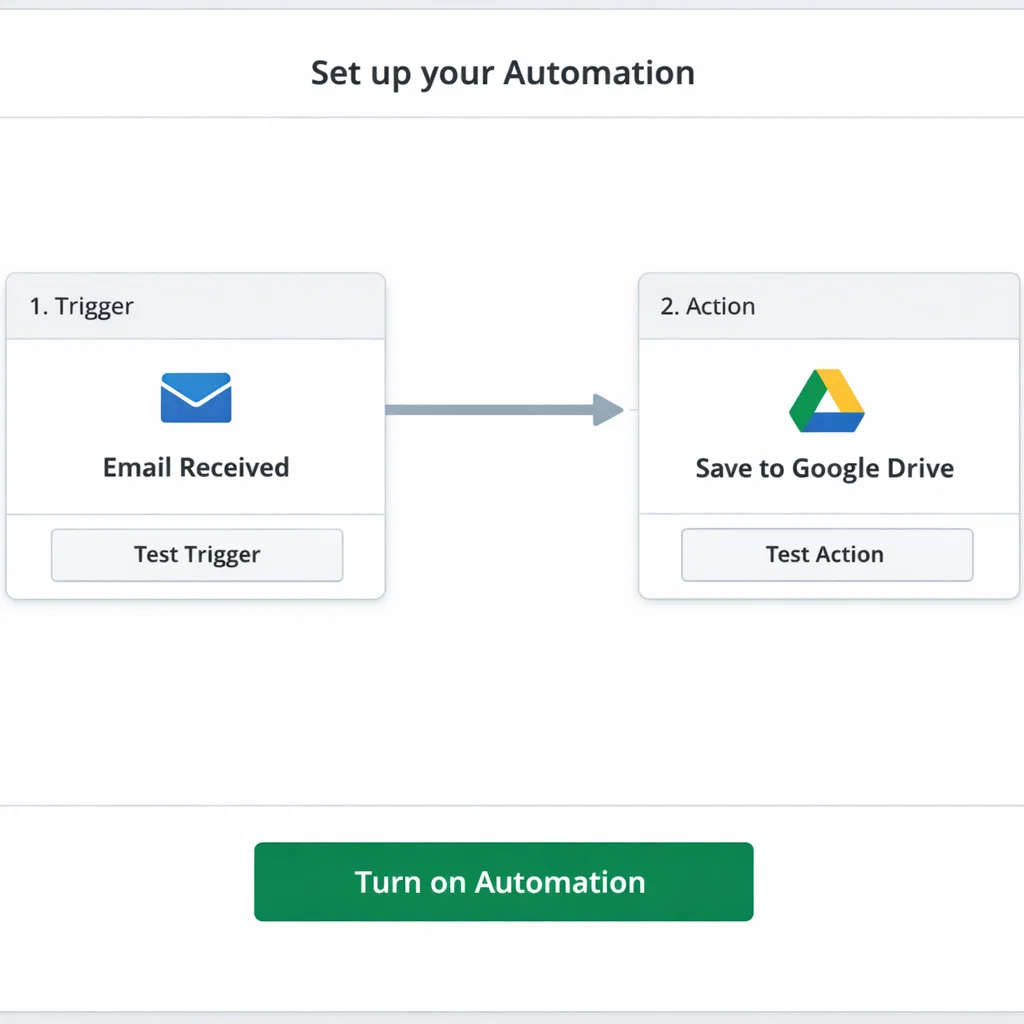 Screenshot of a workflow automation tool (e.g., Zapier) showing the setup of a trigger-action workflow connecting email and Google Drive.