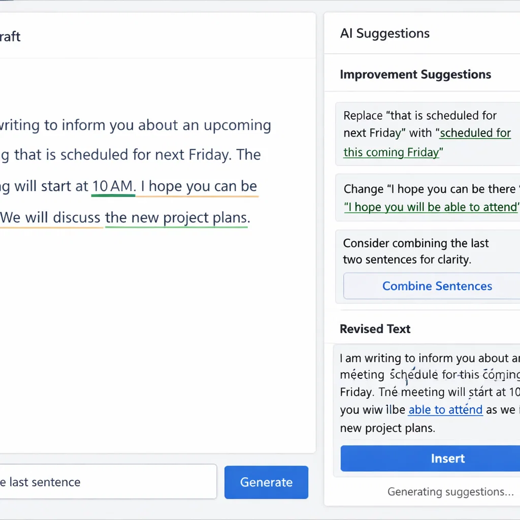 A screenshot of an AI writing assistant interface showing suggested grammar improvements and content generation for a written article.