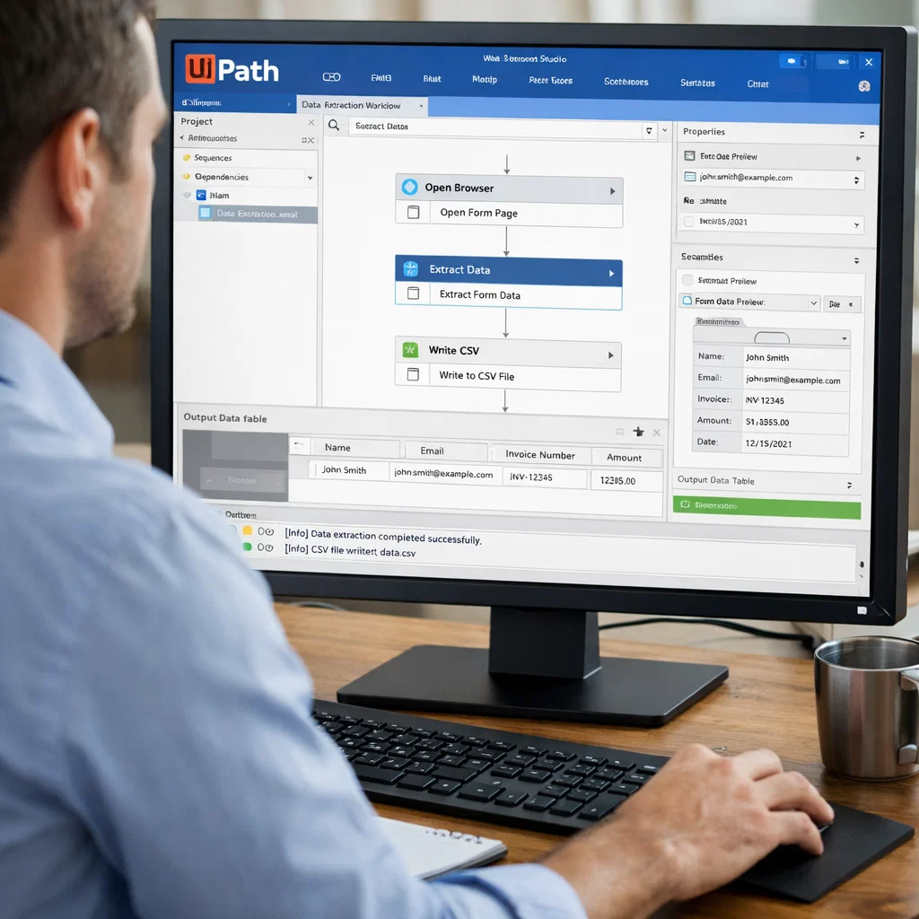Professional using UiPath software to automate data entry and workflow processes on a computer screen.