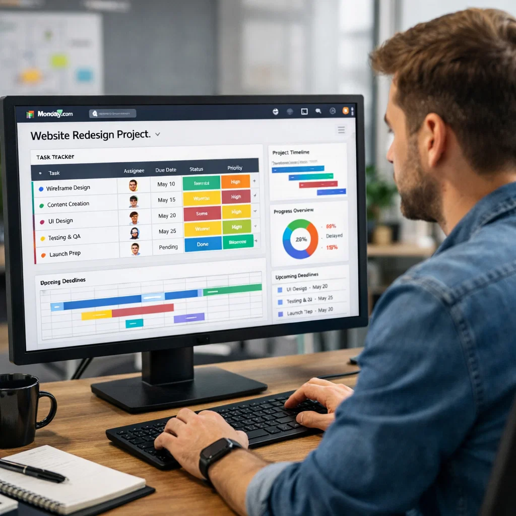 Project manager using Monday.com to automate task assignments and track project progress.