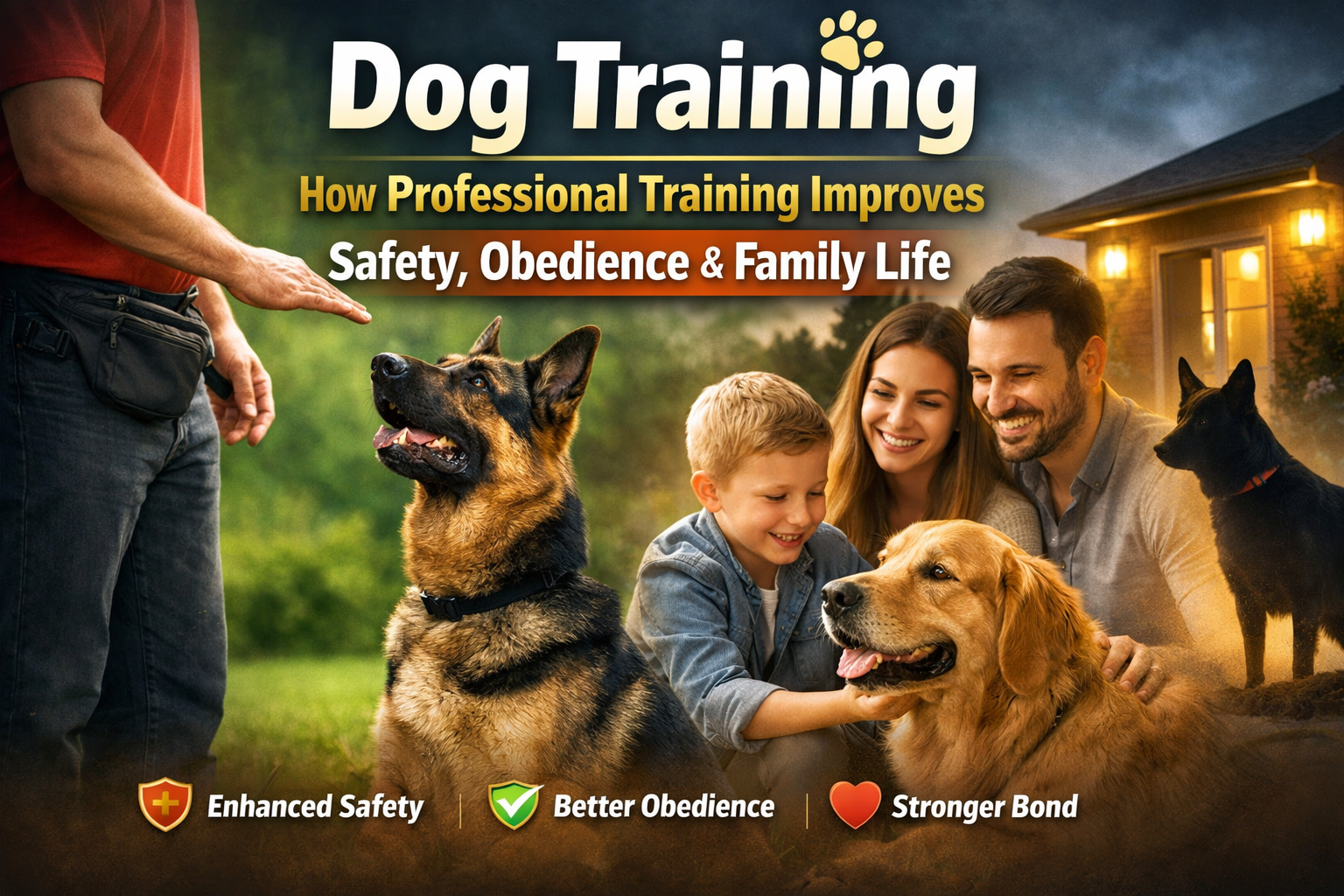 A professional dog trainer works with a German Shepherd while a happy family, including a child and parents, interacts with a well-behaved Golden Retriever at home, illustrating obedience, safety, and strong bonds between pets and family.