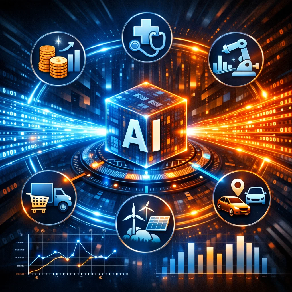 Infographic showing AI processing large datasets across various industries like finance, healthcare, and manufacturing.