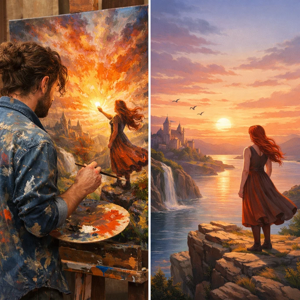 Side-by-side comparison of human-created art and AI-generated art, highlighting the emotional depth of human creativity