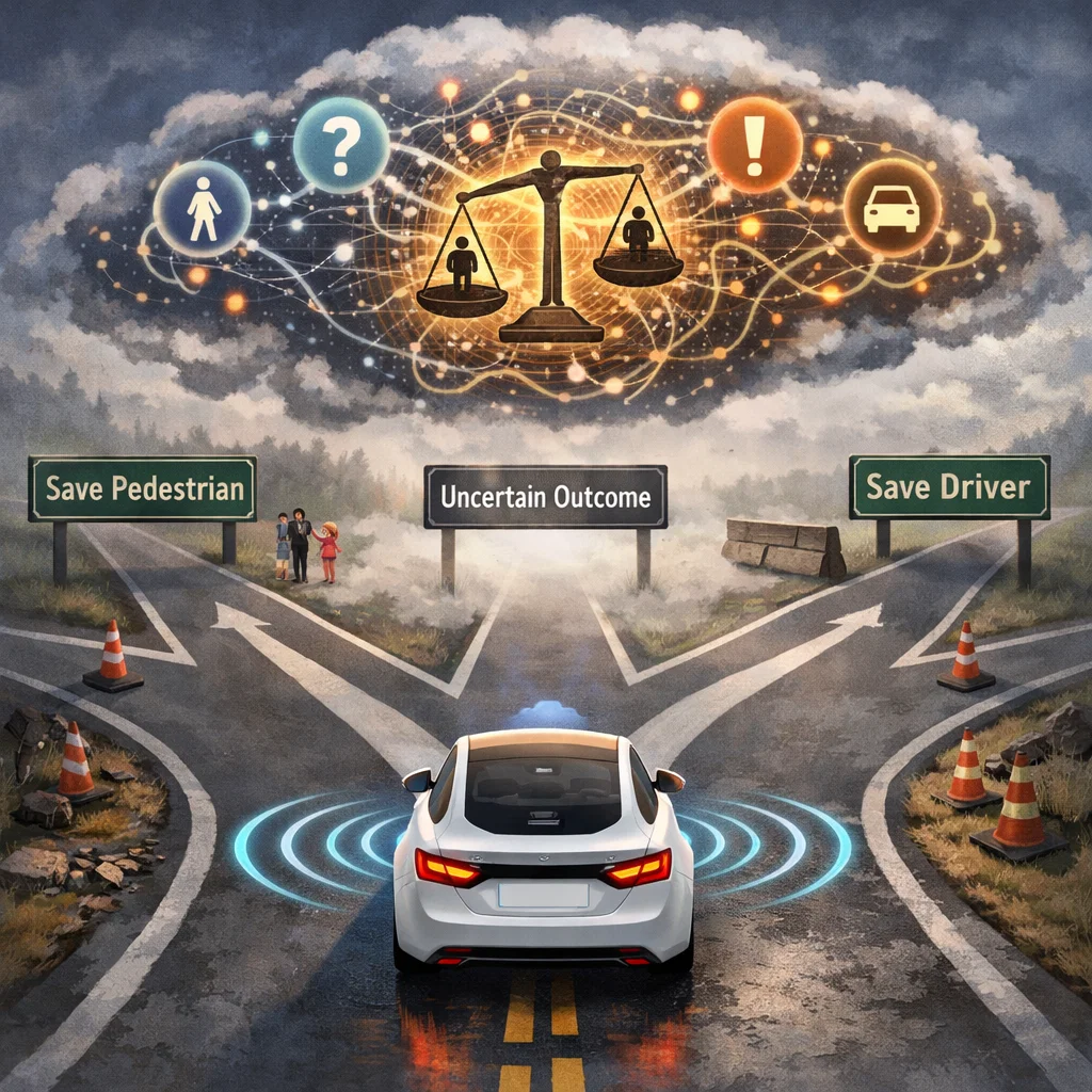 Illustration of an autonomous car facing an ethical dilemma, symbolizing AI's difficulty in moral reasoning.