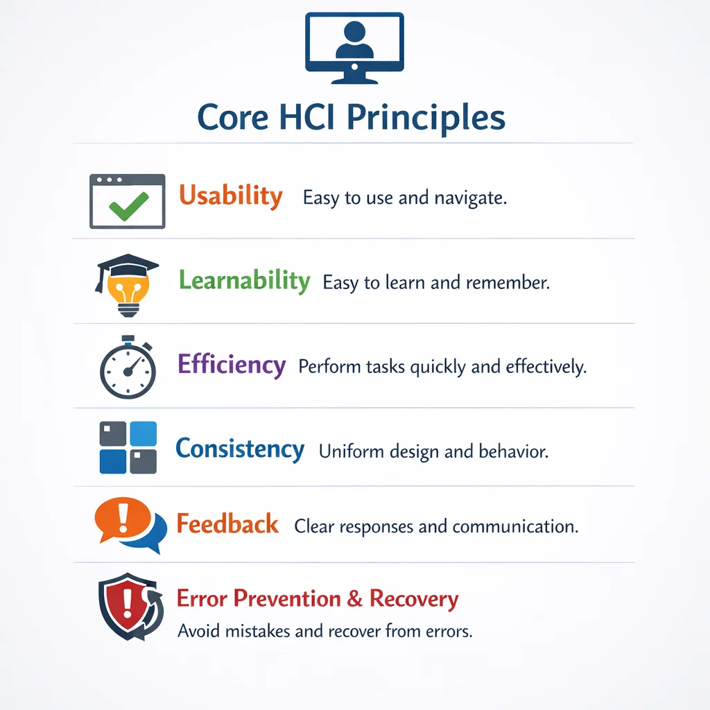 Infographic showcasing key HCI principles: Usability, Learnability, Efficiency, Consistency, Feedback, and Error Prevention.