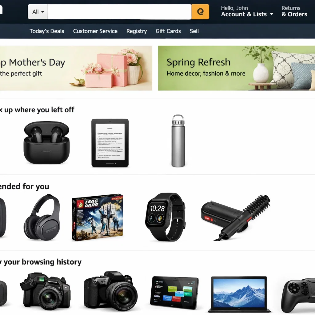 Amazon homepage showing the clear layout, search bar, and personalized product recommendations aligned with HCI principles for better user experience.