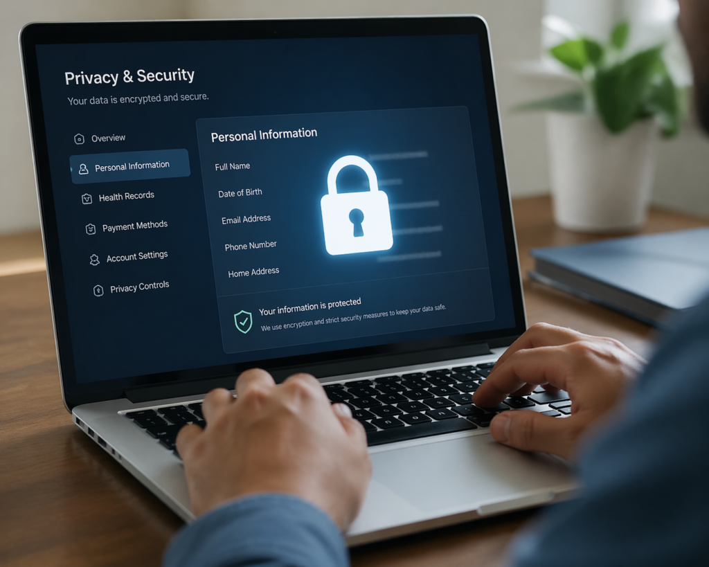 Person securing personal data with digital privacy protection.