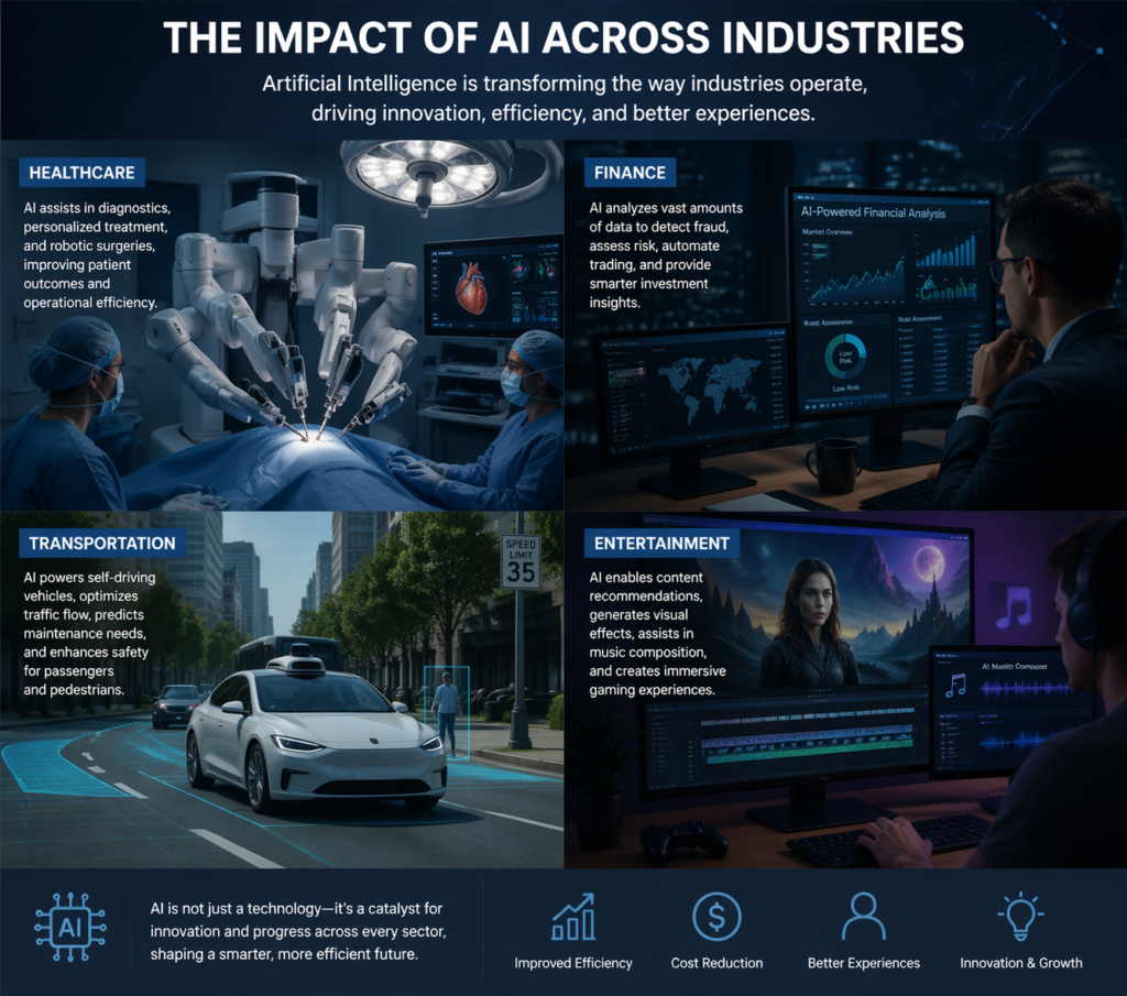AI applications in healthcare, finance, transportation, and entertainment.