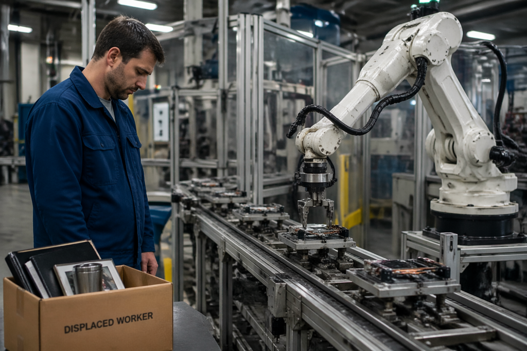 Worker being replaced by a robot in an automated factory