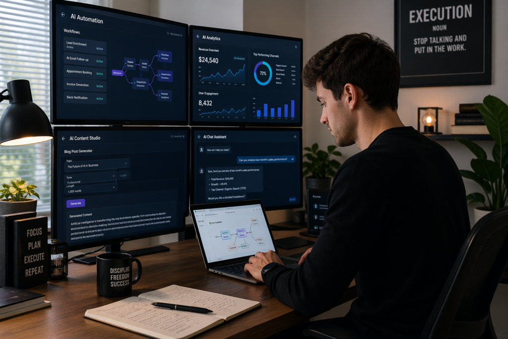 Young entrepreneur using AI automation tools on laptop to run an online business