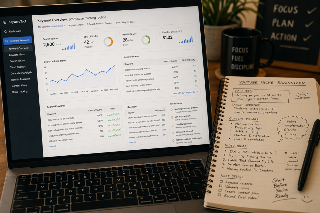 Keyword research and niche selection process using AI tools on a laptop