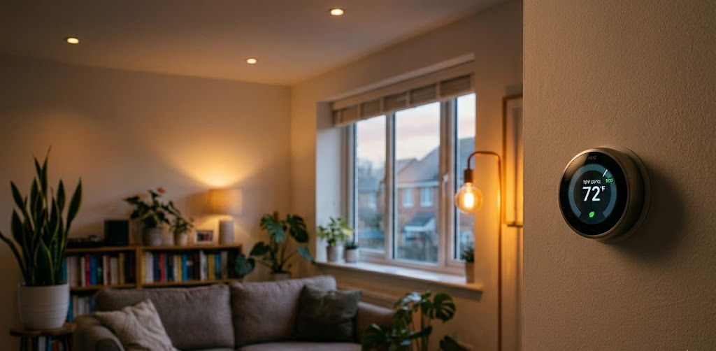 Smart home devices controlling temperature and lighting with AI.