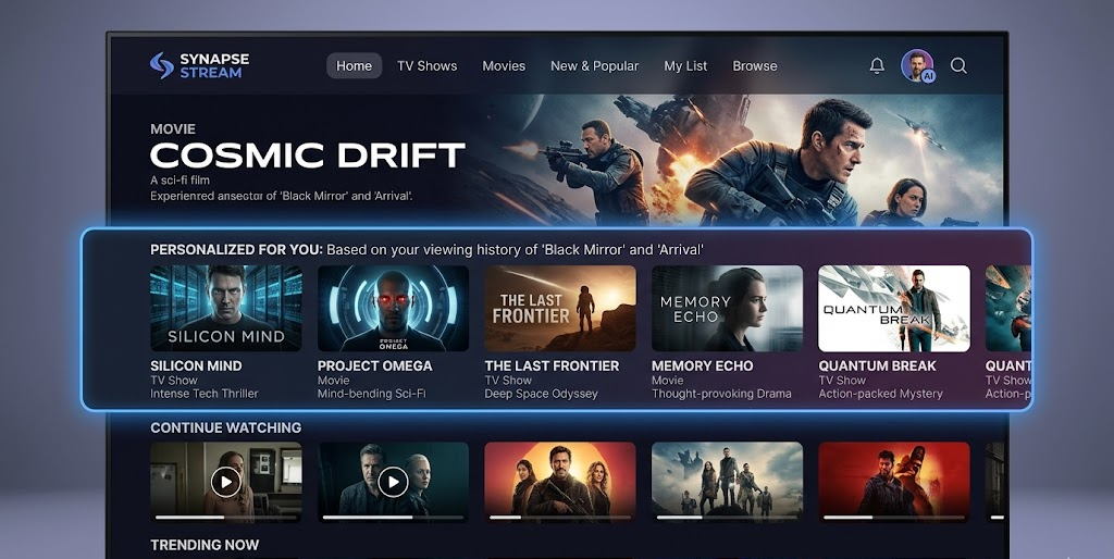 AI-powered recommendations on Netflix for personalized content suggestions.