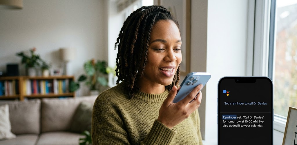 User interacting with a smartphone virtual assistant for a weather update.