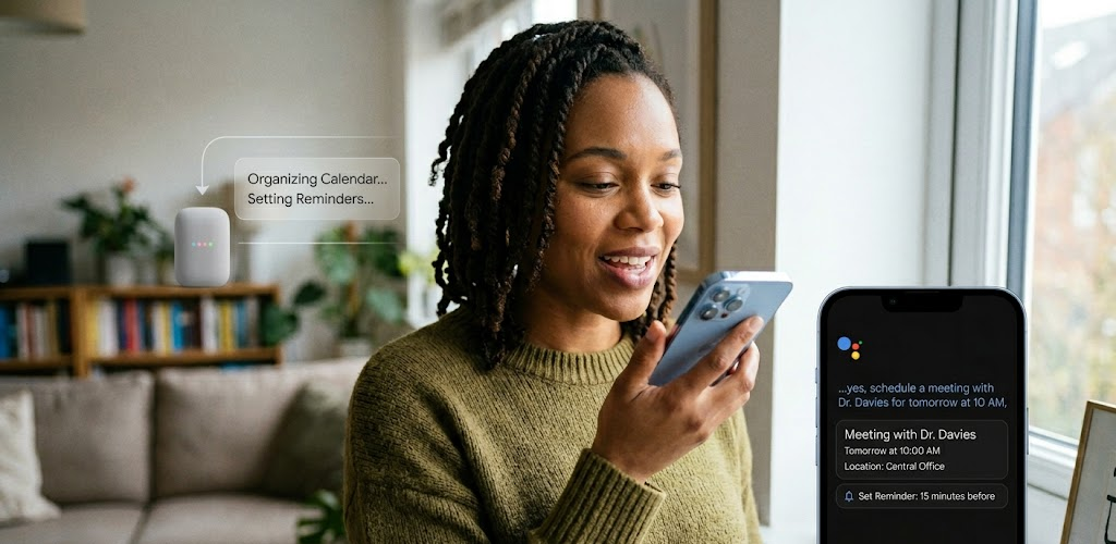 AI-powered virtual assistant helping organize a calendar and set reminders.
