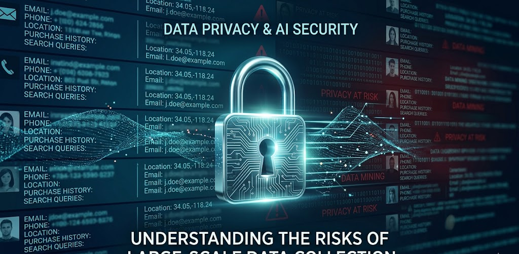 AI privacy concerns illustrated with a digital lock symbol on personal data.