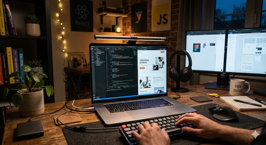 Developer workstation displaying frontend code (HTML, CSS, JavaScript) alongside a website design preview.