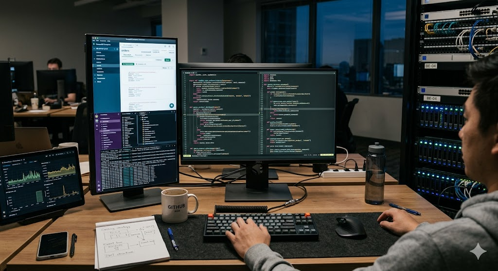 Backend developer workspace showing server-side code and database management tools.