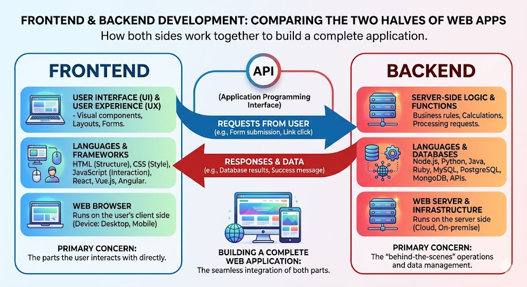 Flowchart comparing frontend and backend development roles with associated technologies.