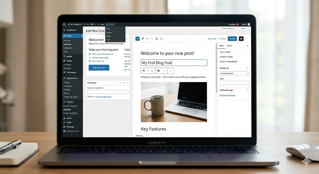 WordPress CMS dashboard showing user interface for content creation and customization.