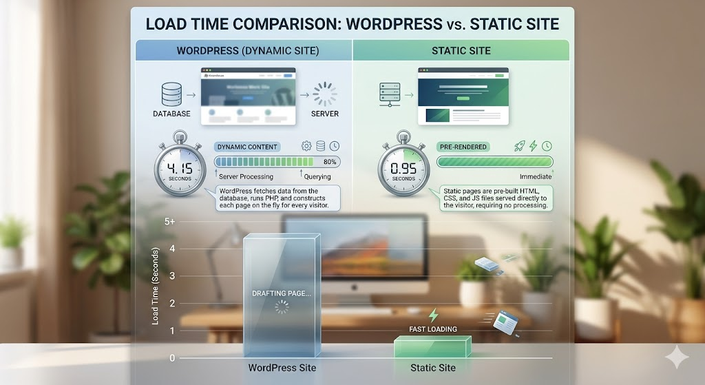 Performance comparison between WordPress site and static website, highlighting faster load times for static sites.