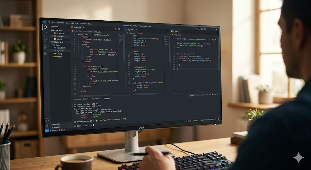 Developer working on code for a static website using HTML, CSS, and JavaScript.