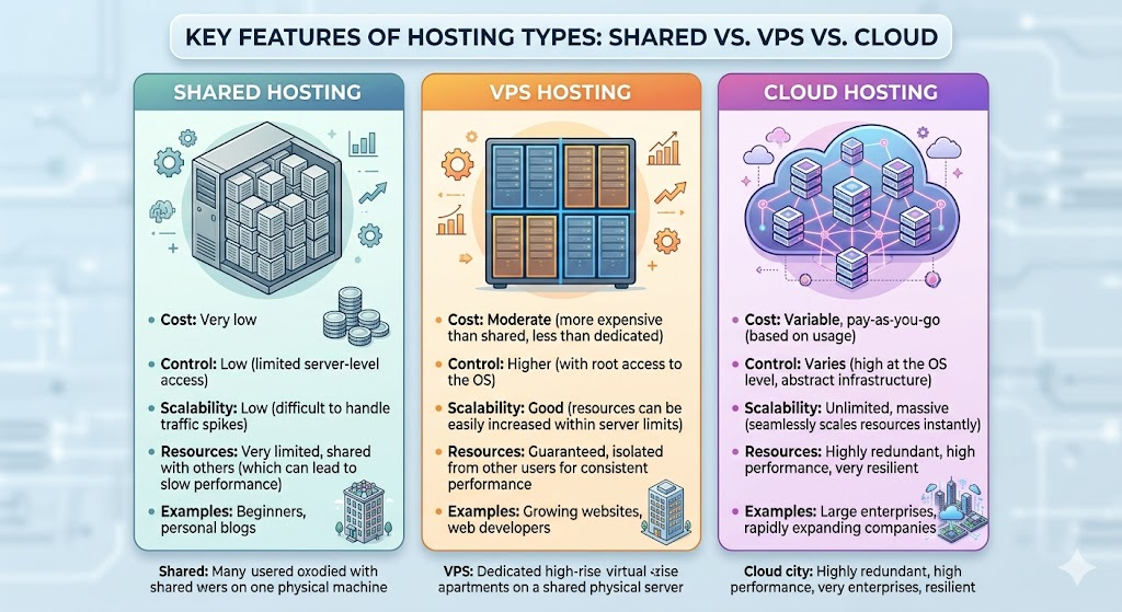 Infographic comparing Shared Hosting, VPS Hosting, and Cloud Hosting with benefits and drawbacks.