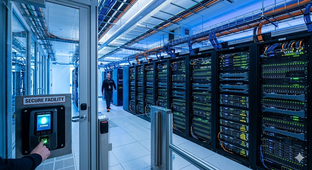 Rows of server racks inside a data center, where web hosting files are stored and served to websites.