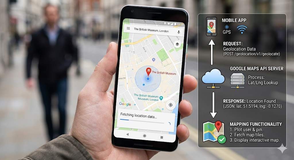 Mobile phone displaying Google Maps, showcasing how APIs are used for location-based services.