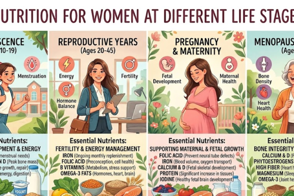 An educational infographic titled "Nutrition for Women at Different Life Stages" divided into four panels: Adolescence (Ages 10-19), Reproductive Years (Ages 20-45), Pregnancy & Maternity, and Menopause & Beyond (Ages 45+). Each section illustrates a woman at that stage alongside Nutrition Guide for Women