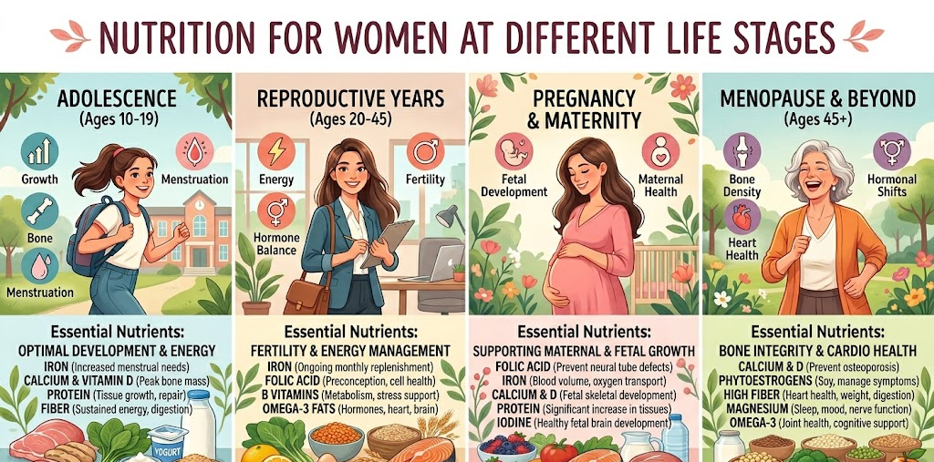 An educational infographic titled "Nutrition for Women at Different Life Stages" divided into four panels: Adolescence (Ages 10-19), Reproductive Years (Ages 20-45), Pregnancy & Maternity, and Menopause & Beyond (Ages 45+). Each section illustrates a woman at that stage alongside Nutrition Guide for Women