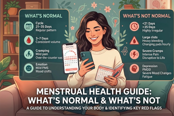 An educational infographic titled "Menstrual Health Guide: What’s Normal & What’s Not." A woman sits on a sofa holding a smartphone with a period tracking app and a physical journal. To her left, a panel lists "What’s Normal" (21–35 day cycles, 3–7 day flow, mild cramping). To her right, a panel lists "What’s Not Normal" (cycles under 21 or over 35 days, heavy bleeding, severe disruptive pain).