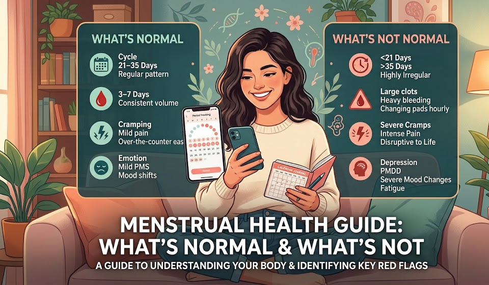 An educational infographic titled "Menstrual Health Guide: What’s Normal & What’s Not." A woman sits on a sofa holding a smartphone with a period tracking app and a physical journal. To her left, a panel lists "What’s Normal" (21–35 day cycles, 3–7 day flow, mild cramping). To her right, a panel lists "What’s Not Normal" (cycles under 21 or over 35 days, heavy bleeding, severe disruptive pain).