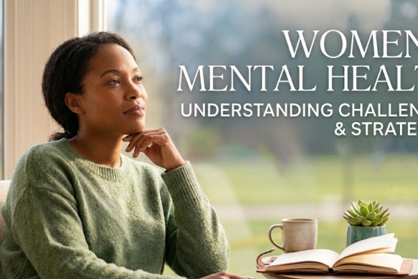 A thoughtful woman sitting in a bright, sunlit room by a window, looking out with a calm and reflective expression. Next to her on a small wooden table is an open journal, a pen, and a cup of coffee. Overlay text reads "WOMEN'S MENTAL HEALTH: UNDERSTANDING CHALLENGES & STRATEGIES."