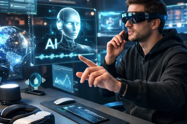 User interacting with AI, AR, and VR technologies in a futuristic workspace, showcasing the future of human-computer interaction.