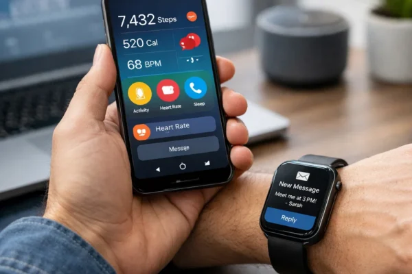 Person interacting with a smartphone and smartwatch, highlighting the seamless integration of mobile and wearable technologies in everyday life.