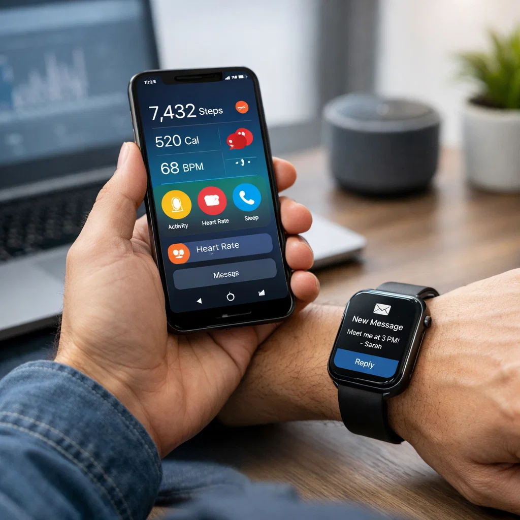 Person interacting with a smartphone and smartwatch, highlighting the seamless integration of mobile and wearable technologies in everyday life.