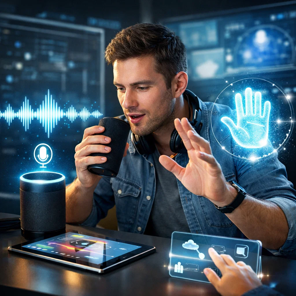 A person interacting with multiple multimodal systems, using voice, touch, and gestures simultaneously in a modern tech environment